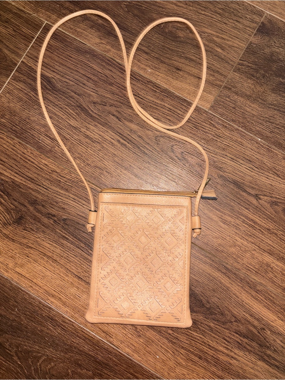 Tan Leather Geometric Print Cutout Crossbody Bag - Unbranded